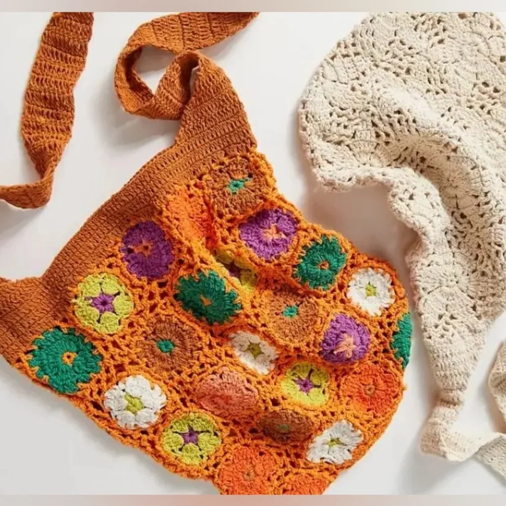 UO HANDMADE Crochet Granny Square Shoulder‎ Bag Brown + Orange NEW! $49